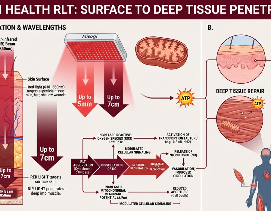 Skin tissue cross-section showing light penetration depth